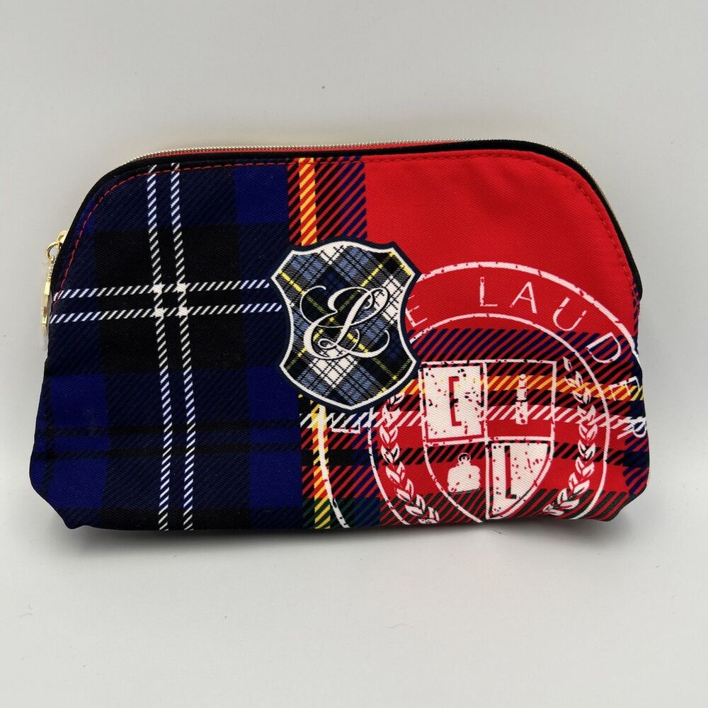 ​Estée Lauder Cosmetic Bag, Tartan Plaid Travel Pouch, Holiday Seasonal Gold Zip
